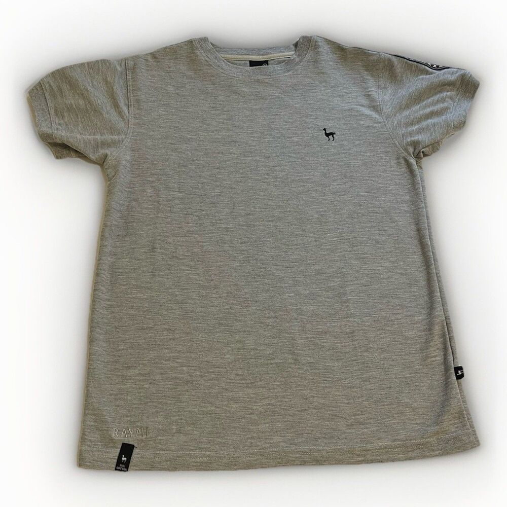 ILLARI Men's Gray Knit Crew Neck T-Shirt S Llama Embroidered Cotton Short Sleeve